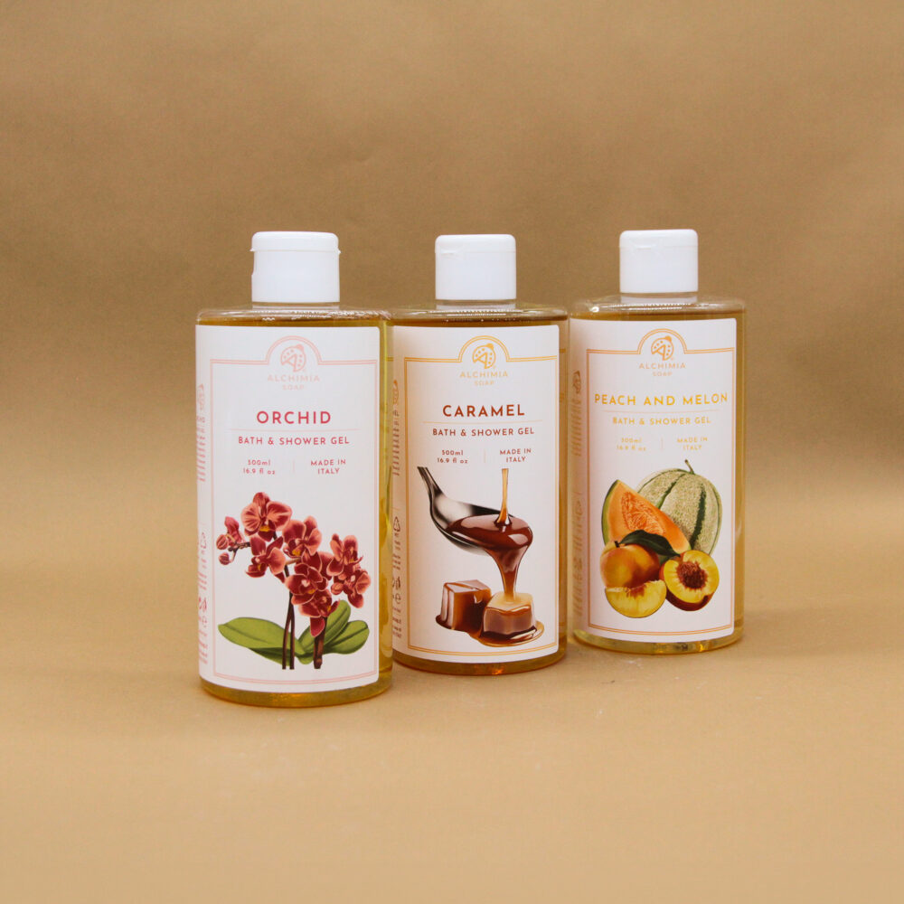 shower gel from the classic Alchimia soap line, various scents (orchid, caramel, peach melon)