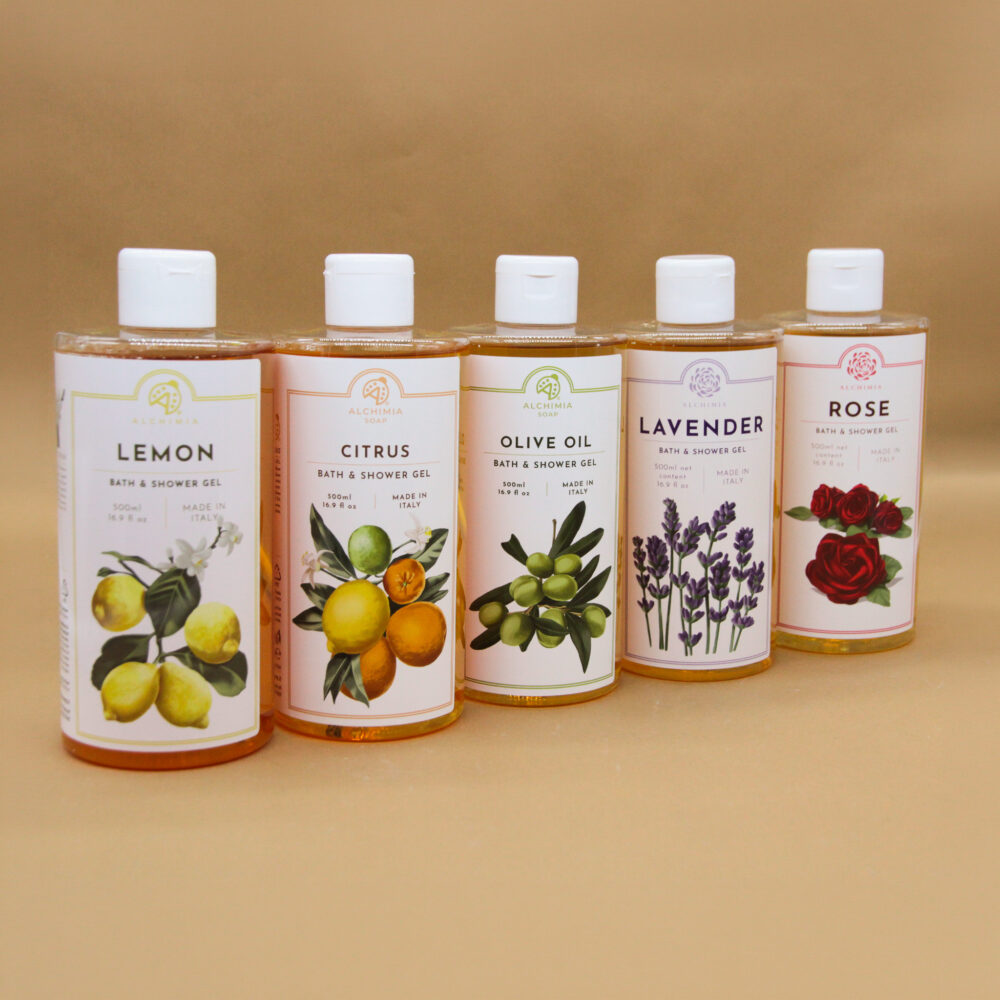 Shower gel from the classic Alchimia soap line, various scents (lemon, citrus, olive, lavender, rose)