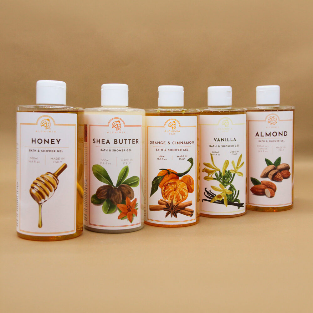 Shower gel from the classic Alchimia soap line, various scents (honey, shea butter, orange cinnamon, vanilla, almond)