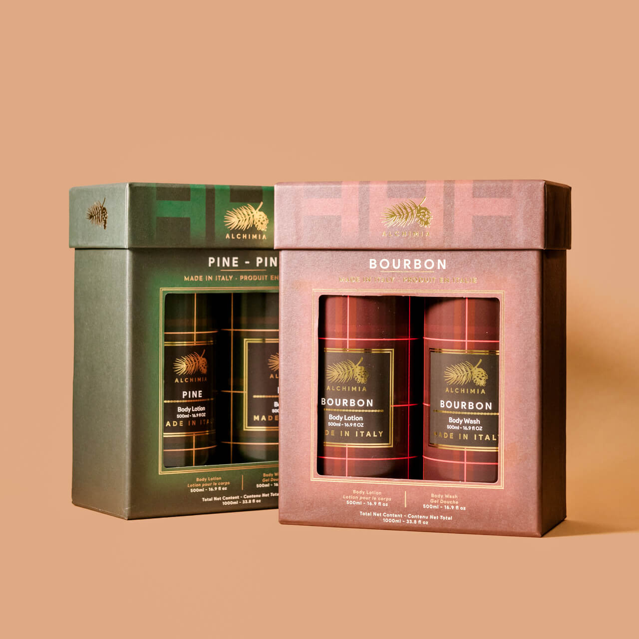 gift box uomo alchimia soap - confezione regalo con doccia shampoo e crema corpo da uomo al bourbon o al pino