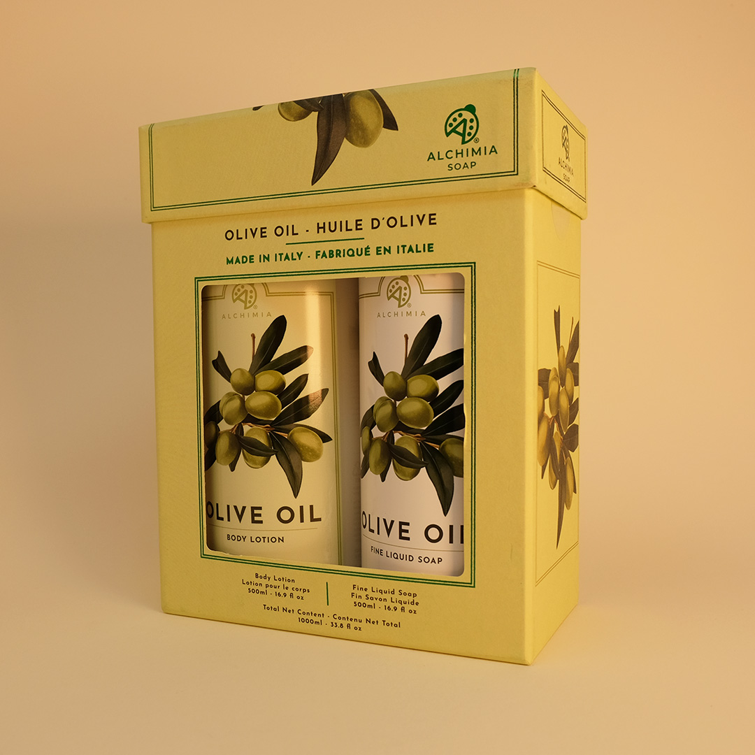 gift box all'olio d'oliva con sapone liquido e crema corpo all'olio d'oliva