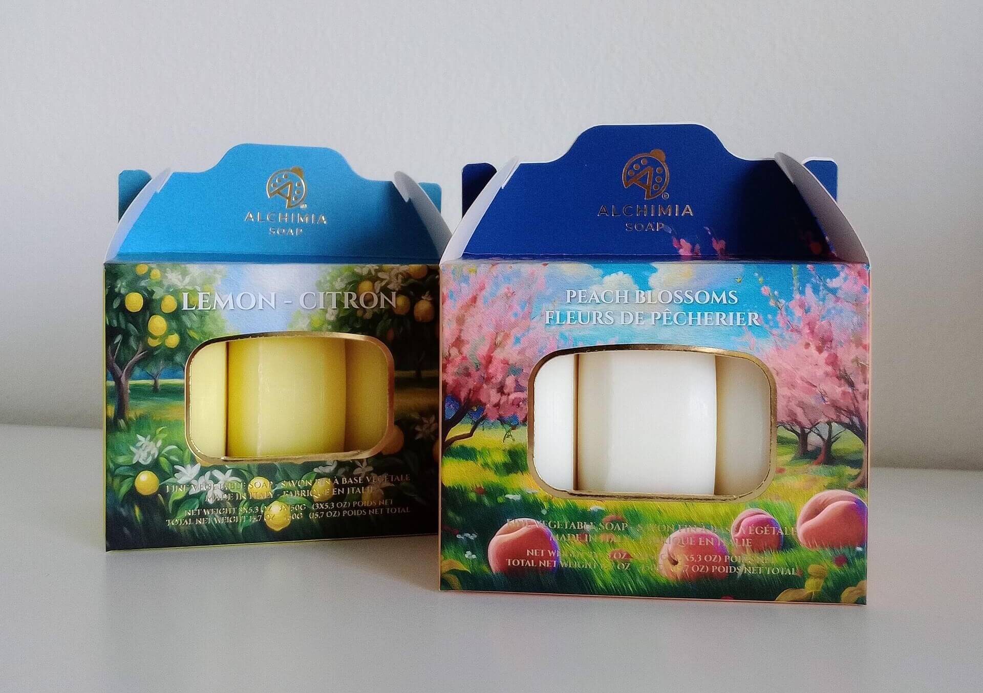 tris di saponette primaverili al profumo di pesca e di limone