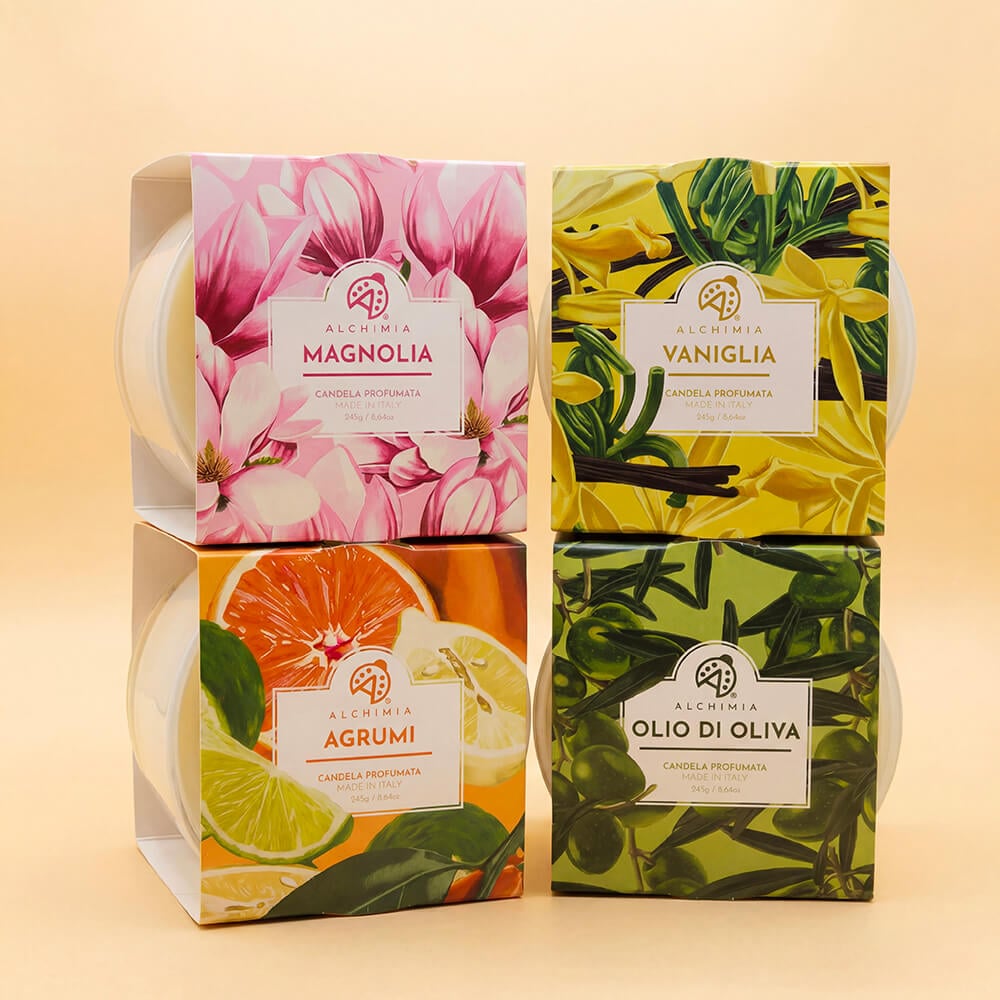 set candele profumate per ambienti in diverse profumazioni: magnolia, vaniglia, agrumi, olio d'oliva