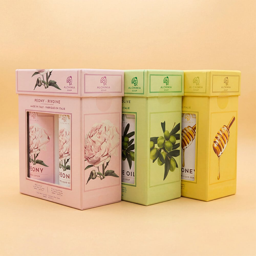 gift box con sapone liquido e crema corpo in diverse profumazioni: miele, olio d'oliva, peonia
