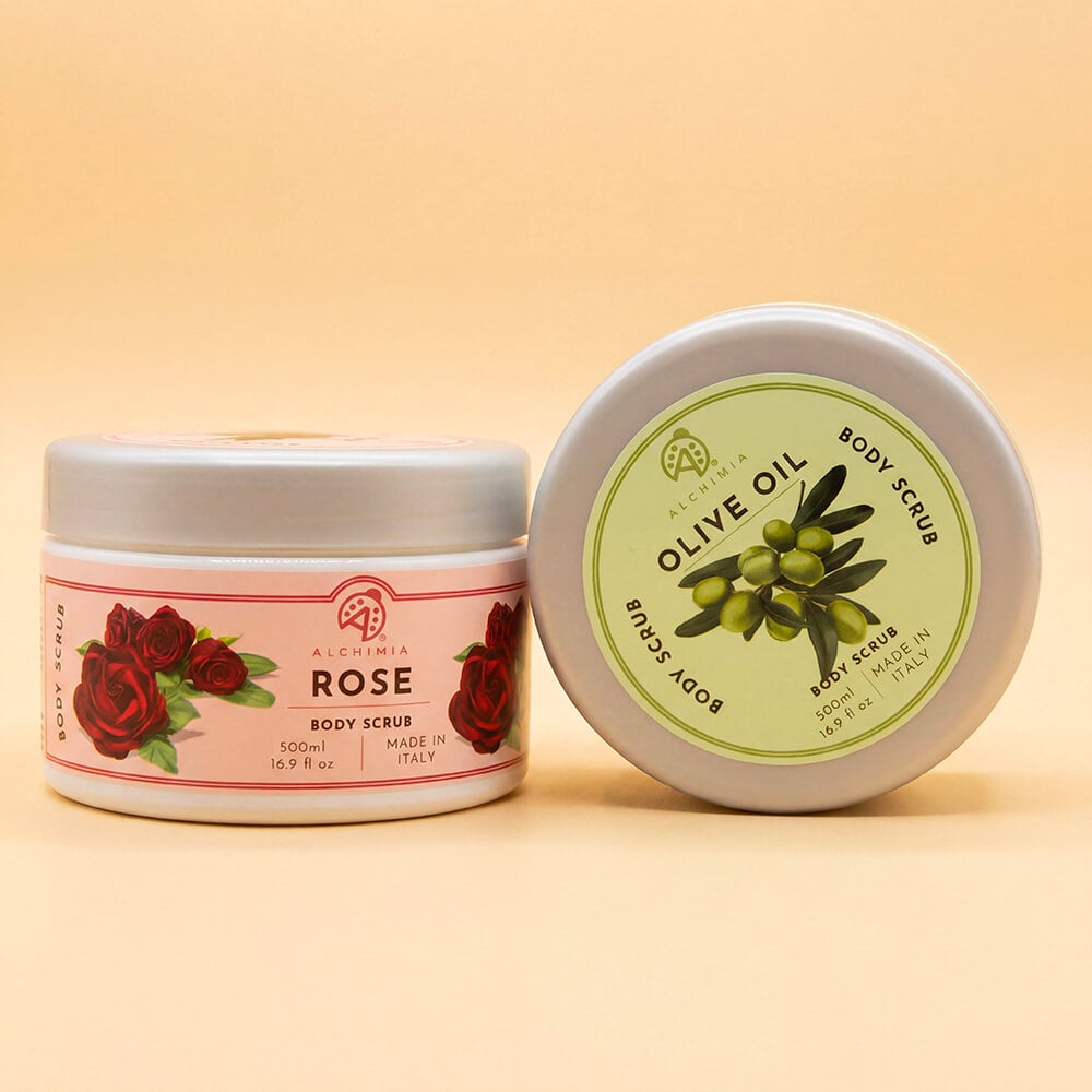 scrub corpo esfoliante all'olio d'oliva e alla rosa